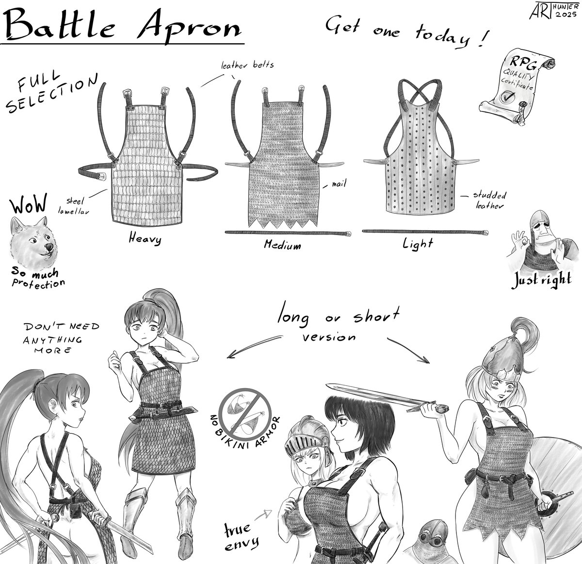 ARThunter_art's tweet image. Everyone is talking about how impractical bikini armor is.
Well I have a solution.
Introducing The (naked) Battle Apron.
With this, You can fight enemies, go shopping, or prepare delicious curry for You team mate. And still look fabiolus.