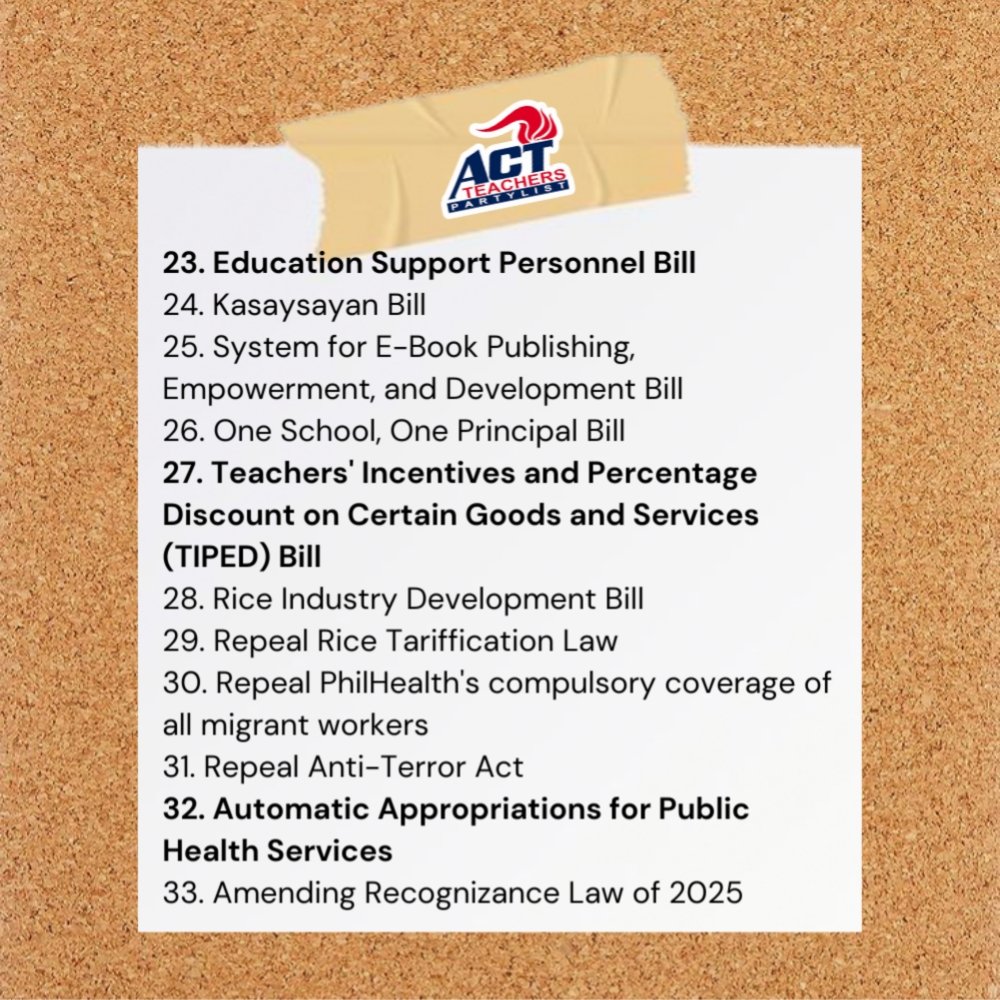 Sa pagsalubong ng #SONA2025 at pagbubukas ng regular session ng 20th Congress, balikan natin ang listahan ng mga pinasang panukalang batas ng ACT Teachers Partylist para sa kapakanan at kagalingan ng guro, kawani, bata at bayan!