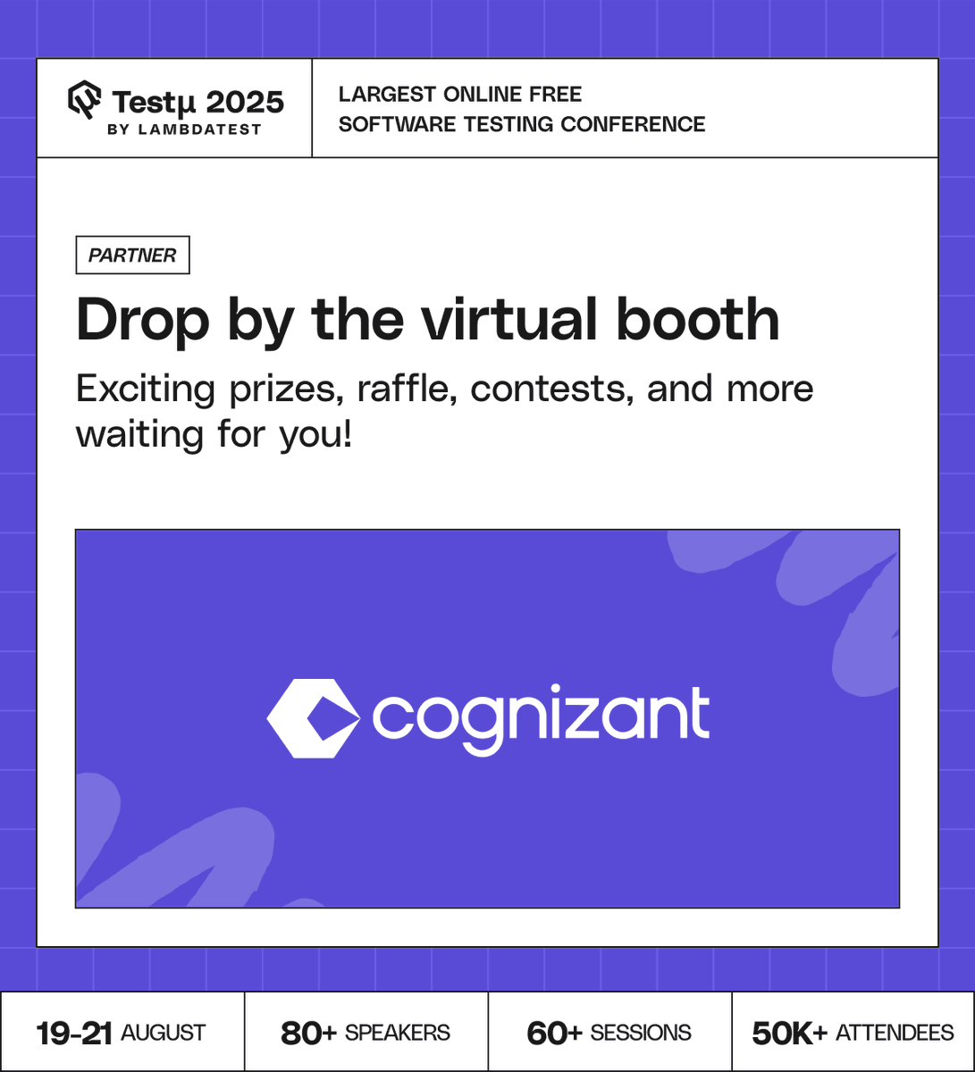 We're excited to welcome <a href="/Cognizant/">Cognizant</a> as one of our partners for #TestMuConf 2025 🔗 bit.ly/TestMUConferen…

The testing community from around the world is coming together from 19 - 21 August under one virtual roof, at #TestMuConf 2025. Get ready to collaborate, network, and