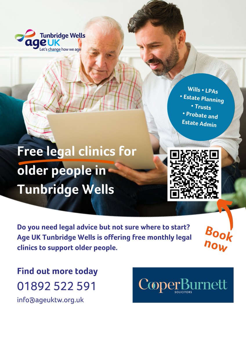 Do you need legal advice but not sure where to start?

Our new Legal Clinics offer a welcoming, confidential space for older people to speak with legal professionals about topics including:

To find out more and book a free clinic: tinyurl.com/bdhbsmw9

#tunbridgewells #kent