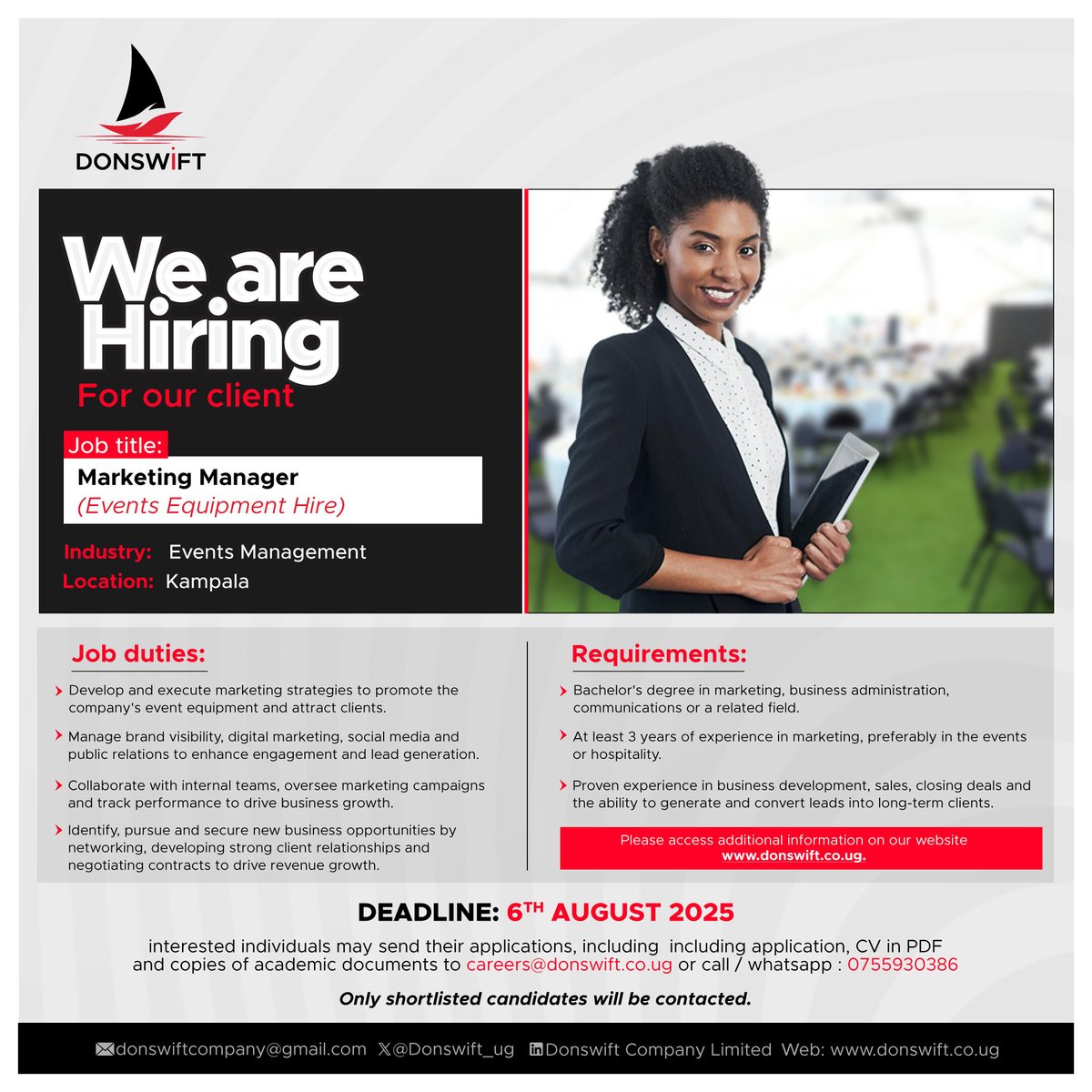 Donswift_ug's tweet image. Are you a strategic thinker with a passion for marketing & events?
Apply Now: careers@donswift.co.ug
Deadline: 6th August 2025
For more info: donswift.co.ug/jobs/marketing
#Hiring