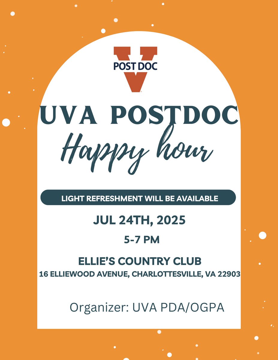 UVAPostdocs's tweet image. The UVA PDA/OGPA is hosting July&apos;s Postdoc Happy Hour tomorrow, July 24th, at Ellie&apos;s Country Club. Join us for light refreshments and good conversation!