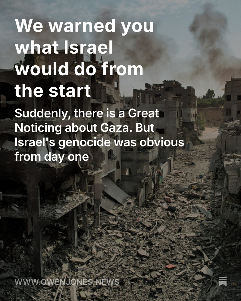 owenjonesjourno's tweet image. Suddenly media outlets are noticing the catastrophe enveloping Gaza.
We warned you what Israel would do from the start.
There are no excuses.
Don't let the complicit erase their guilt 👇
owenjones.news/p/we-warned-yo…