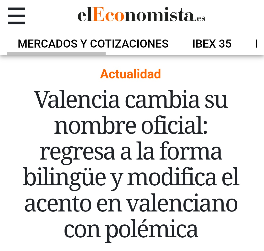 Angry Valencian (@farodevalencia) on Twitter photo La polémica fue cuando los catalanistas decidieron de manera totalitaria, antinatural y unilateral (por artículo 33) adaptar el topónimo a la fonética del catalán, idioma ajeno al pueblo valenciano.
Las protestas de cuatro sectarios alienados no es polémica, <a href="/elEconomistaes/">elEconomista.es</a>. La polémica fue cuando los catalanistas decidieron de manera totalitaria, antinatural y unilateral (por artículo 33) adaptar el topónimo a la fonética del catalán, idioma ajeno al pueblo valenciano.
Las protestas de cuatro sectarios alienados no es polémica, <a href="/elEconomistaes/">elEconomista.es</a>.