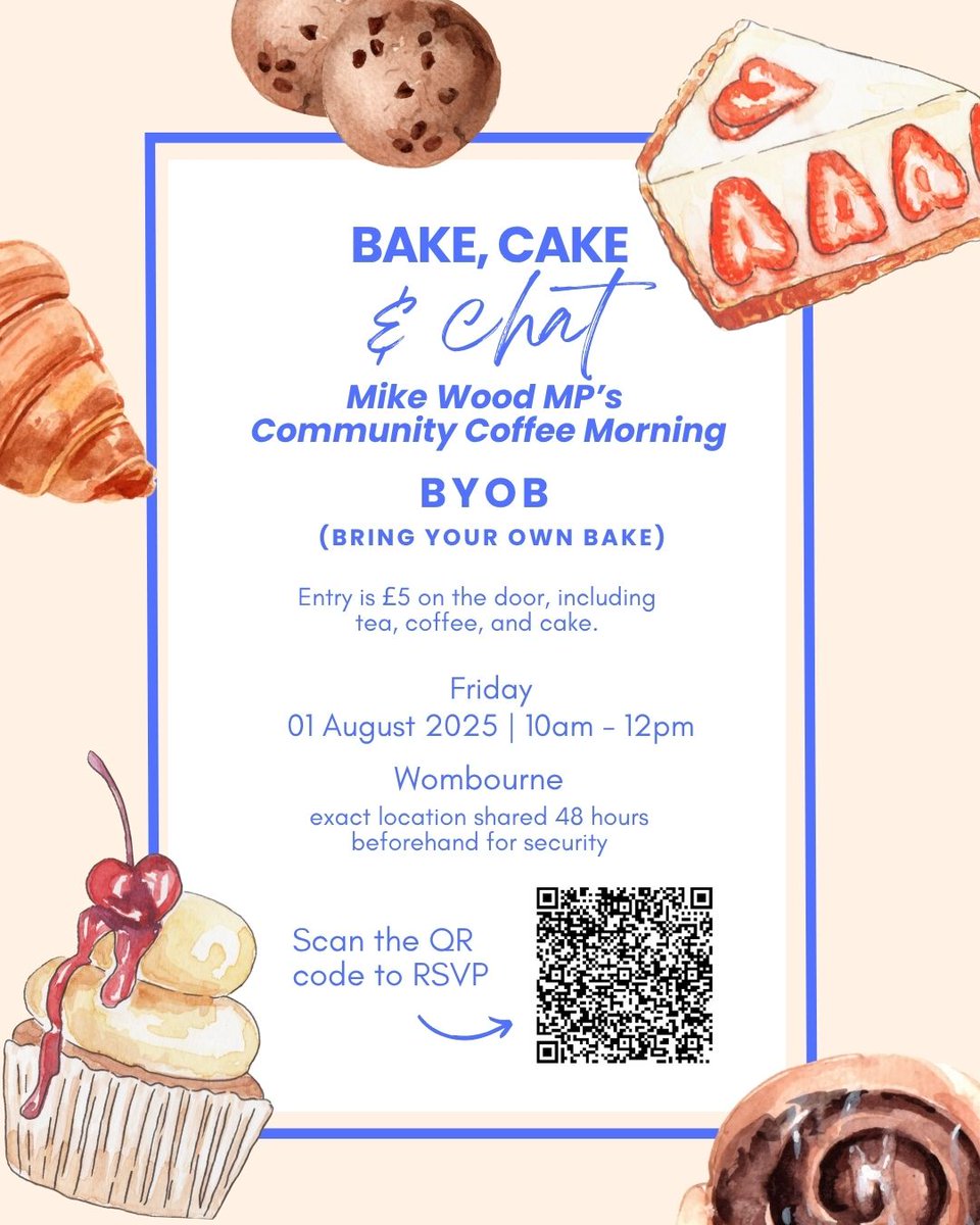 Wombourne Parish Council (@wombourneparish) on Twitter photo π
Another date for the diary!
βοΈ Bake, Cake & Chat with @MikeWoodMP
ποΈ Fri 1st Aug 2025 | π 10amβ12pm
π Wombourne (location shared 48hrs before)
ποΈ Β£5 on the door β includes tea, coffee & cake!
π©βπ³ Bakers welcome β bring a cake to share! π°
RSVP π
π 3464950d.sibforms.com/serve/MUIFAL2eβ¦... π
Another date for the diary!
βοΈ Bake, Cake & Chat with @MikeWoodMP
ποΈ Fri 1st Aug 2025 | π 10amβ12pm
π Wombourne (location shared 48hrs before)
ποΈ Β£5 on the door β includes tea, coffee & cake!
π©βπ³ Bakers welcome β bring a cake to share! π°
RSVP π
π 3464950d.sibforms.com/serve/MUIFAL2eβ¦...