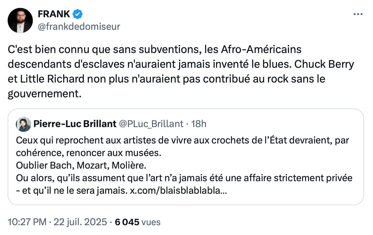 lobbymontreal's tweet image. « Sans subventions, les Québécois inventeraient des nouveaux styles de musique marquants comme l'ont fait les descendants d'esclaves »
- fRanK DÉDômisEUr
Frank — qui sait tout — peut sûrement nous expliquer pourquoi presque tous les pays développés soutiennent leur culture?