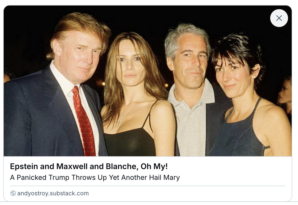 AndyOstroy's tweet image. "We have a scared, flailing president trying to rewrite history; a desperate inmate who’d love to be given a sweetheart deal; and an interview that will be conducted by Trump’s former personal attorney and diehard loyalist. What could possibly go wrong!?" andyostroy.substack.com/p/epstein-and-…