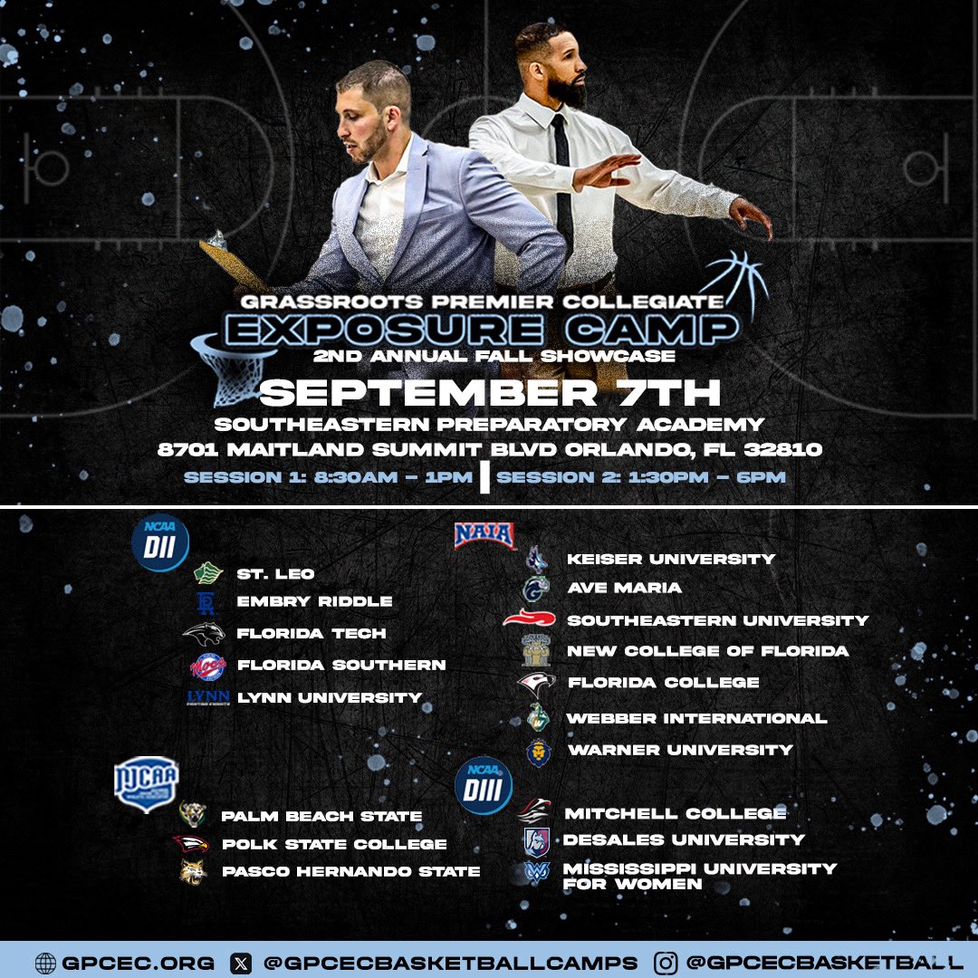 🚨 GPCEC FALL SHOWCASE IS BACK 🚨

We are excited to announce that our 2nd annual GPCEC Fall Showcase is back, and will take place on Sunday September 7th at Southeastern Prep in Orlando.

So far, we have 18 colleges confirmed across the D2, NAIA, NJCAA, and D3 levels.

This is a