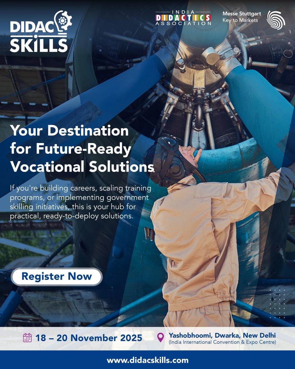 Your Destination for Future-Ready Vocational Solutions 

Join the community shaping India’s skill development landscape.

Join us on 18–20 November 2025 at Yashobhoomi (IICC), Dwarka, New Delhi

Register Now: didacskills.com and be future-ready.