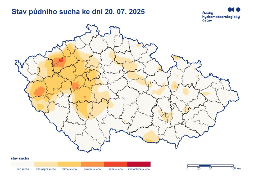 💦 Uplynulý týden byl srážkově normální. Hladiny vodních toků byly převážně setrvalé, případně mírně rozkolísané.

💧 Srážky
Za týden od 14. do 21. 7. 2025 spadlo na celém území 19 mm srážek (Čechy 19 mm, Morava 19 mm), což odpovídá 82 % normálu pro toto období (Čechy 82 % N,