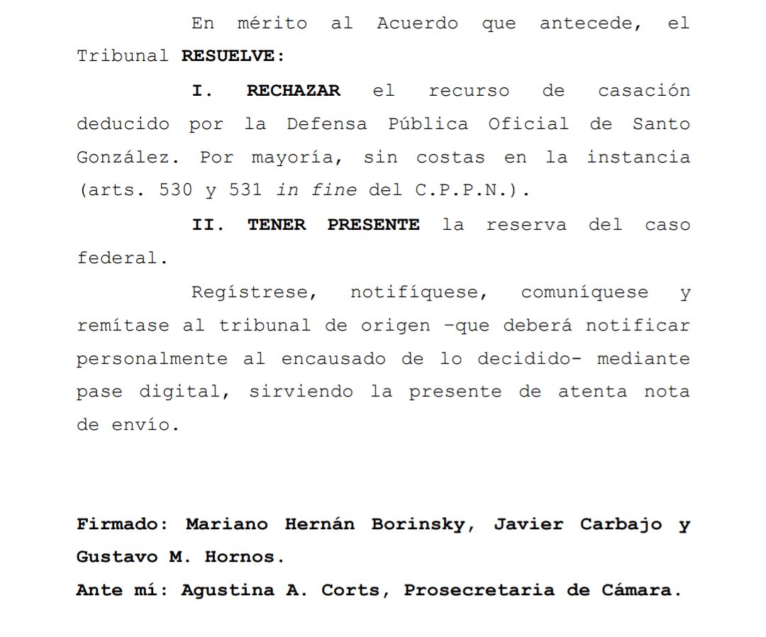 APROPIACIÓN. LESA HUMANIDAD. La Sala IV de la Cámara Fed. de Casación Penal confirmó la 1a condena x apropiación en Tucumán. El condenado (7 años de prisión) fue el ex guardiacárcel Santo González por la sustracción, retención y ocultamiento de Mario, caso conocido como Nieto 119