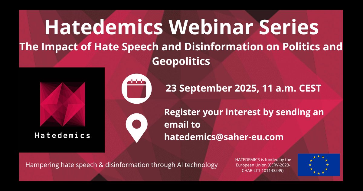 CEAndaluces's tweet image. 🆕Nuevo seminario del proyecto europeo HATEDEMICS

‘El impacto de los discursos de odio y la desinformación en la política y la geopolítica’
🗓️23 de septiembre
🕚 11 horas
💻Online y en inglés

centrodeestudiosandaluces.es/noticias/nuevo…

#Investigación 
#InvestigaciónCENTRA
#Hatedemics