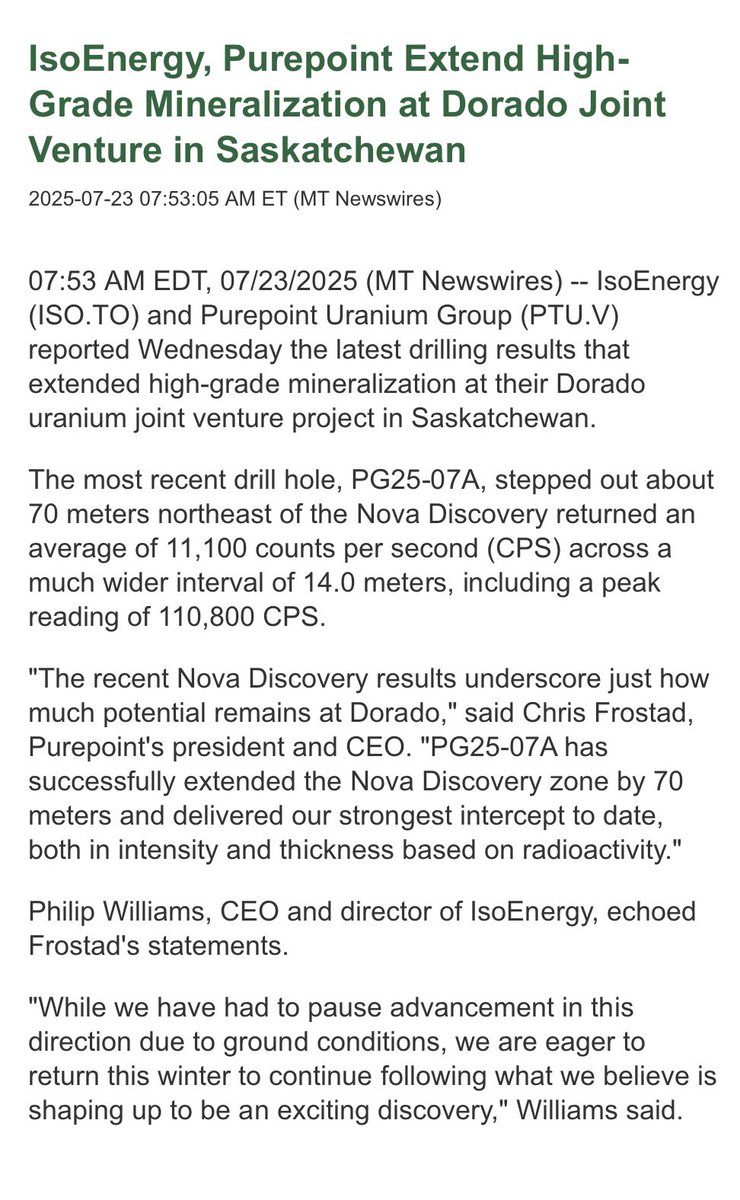 SloCan68's tweet image. 💥 Wow! $ptu $iso #uranium 👀
At Dorado the most recent drill hole, PG25-07A, stepped out about 70 meters northeast of the Nova Discovery returned an average of 11,100 counts per second (CPS) across a much wider interval of 14.0 meters, including a peak reading of 110,800 CPS.