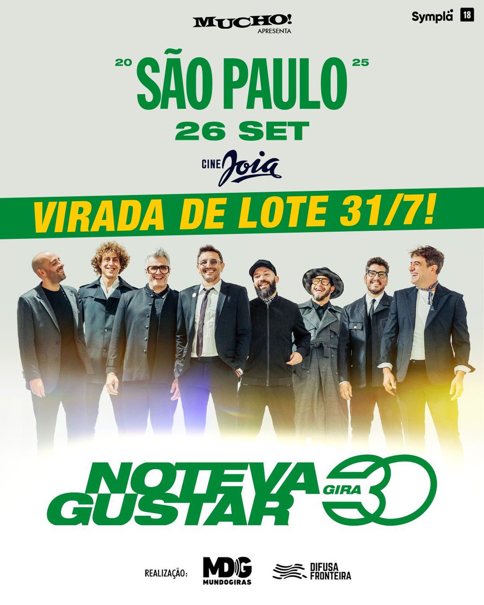 VAI VIRAR O LOTE! Dia 31/7 entraremos no ÚLTIMO LOTE de ingressos para o NO TE VA GUSTAR em São Paulo! 🔥

Não perca a chance de presenciar esse show histórico da tour de 30 anos: 26 de setembro no Cine Joia! Acesse o Sympla e garanta o seu: sympla.com.br/evento/mucho-a…