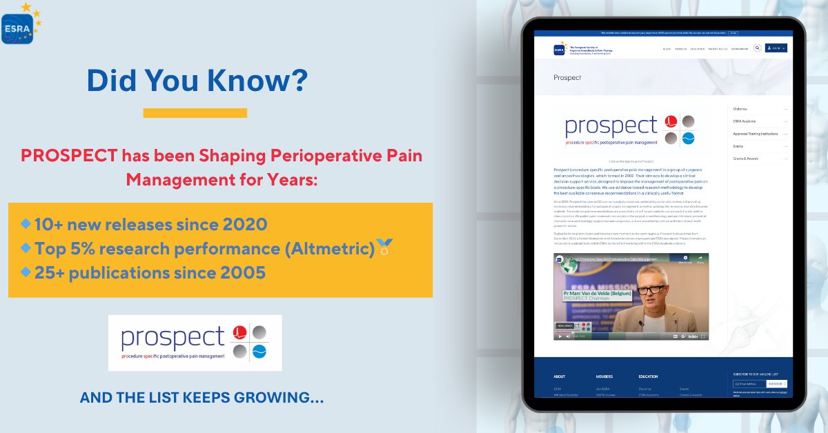 The PROSPECT Working Group has published 25+ evidence-based recommendations on postoperative pain management, all in one place.

Since 2020:
✔️ 10+ new publications
🏅 Several ranked in the top 5% globally (Altmetric)

And more coming soon!
🔗esraeurope.org/about-prospect/