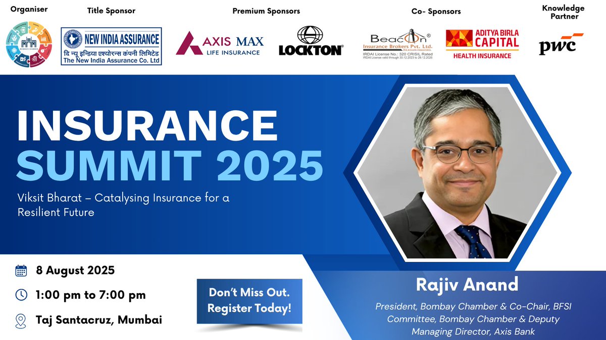 Bombay Chamber (@bombaychamber) on Twitter photo We are honoured to welcome <a href="/rajivanand/">Rajiv Anand</a>, President, Bombay Chamber & Deputy Managing Director, Axis Bank, to deliver the Welcome Address at Insurance Summit 2025!
Register Today: zurl.co/xoLQT View Details: zurl.co/TJ3Ax
#InsuranceSummit2025 #ViksitBharat We are honoured to welcome <a href="/rajivanand/">Rajiv Anand</a>, President, Bombay Chamber & Deputy Managing Director, Axis Bank, to deliver the Welcome Address at Insurance Summit 2025!
Register Today: zurl.co/xoLQT View Details: zurl.co/TJ3Ax
#InsuranceSummit2025 #ViksitBharat