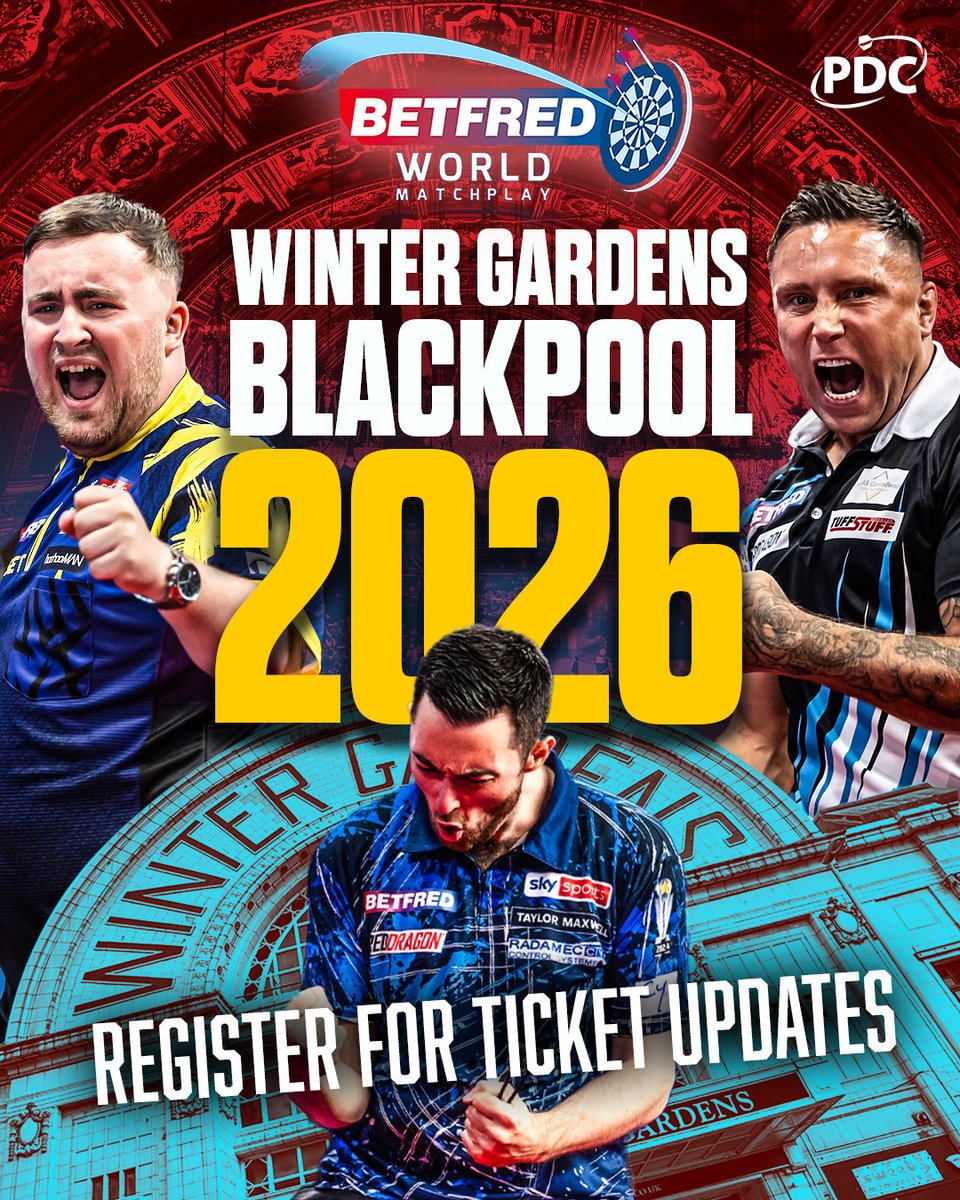 OfficialPDC's tweet image. Don’t miss your chance to be at the 2026 @Betfred World Matchplay!
Want to be the first to hear when tickets go on sale?
Register now 👉 bit.ly/26Matchplay
