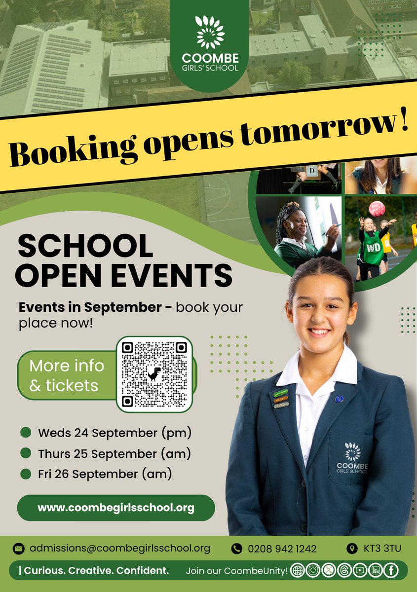 Tickets for our September events are available from 11am tomorrow!

Our Open Events take place on Wednesday 24th (5.30pm, 6.15pm, 7.15pm) and Thursday 25th &amp; Friday 26th (9.00am and 10.00am).

We can't wait welcome you to our school! More info here: 👇

bit.ly/3TMo9vl