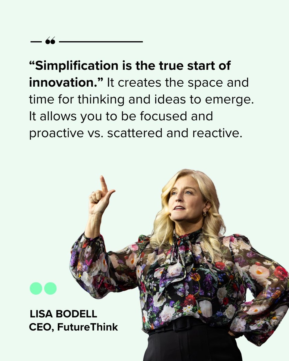 Lisa Bodell (@lisabodell) on Twitter photo True innovation begins with simplification. When we clear away the noise, we create the space for breakthrough ideas to take shape.
We move from reacting to shaping the future.
#WhySimpleWins #Innovation #SimplifyToGrow True innovation begins with simplification. When we clear away the noise, we create the space for breakthrough ideas to take shape.
We move from reacting to shaping the future.
#WhySimpleWins #Innovation #SimplifyToGrow