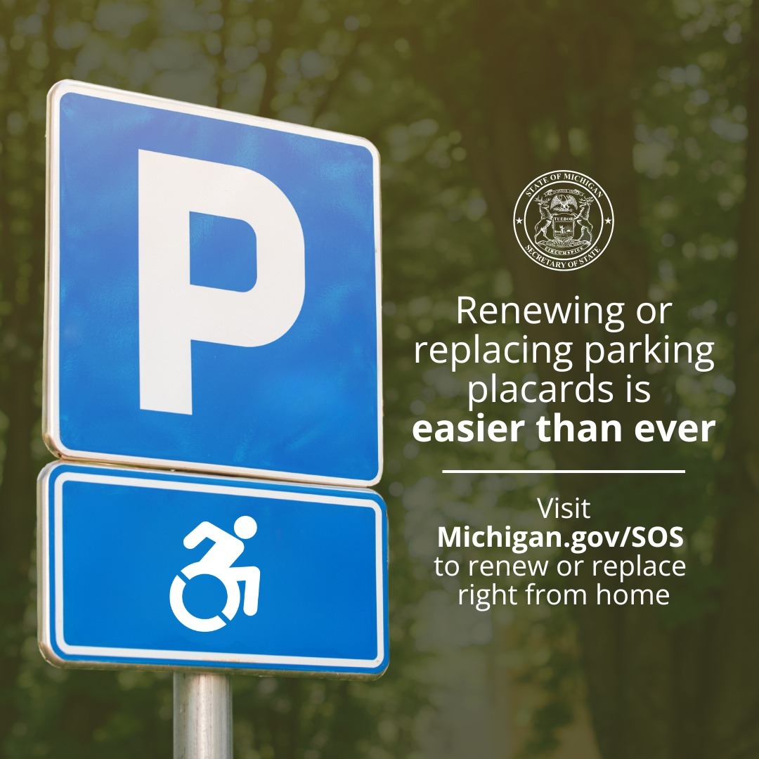 MichSoS's tweet image. Permanent disability placards can be renewed, and both permanent and temporary disability placards can be replaced online in minutes.
Visit Michigan.gov/SOS to learn more and complete this transaction.