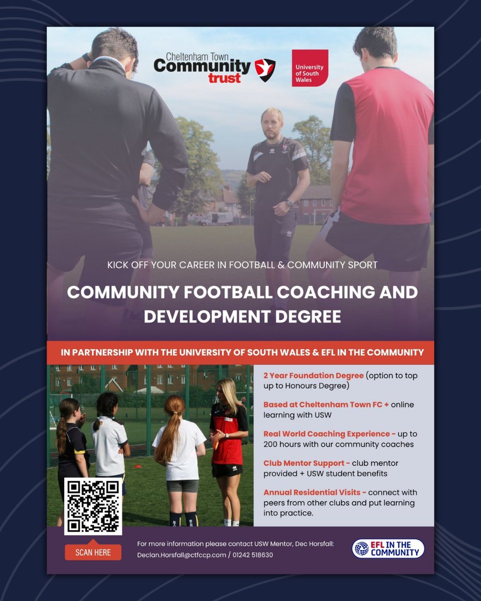 Gloucestershire FA ⚽ (@glosfa) on Twitter photo 🎓 Want a career in football?
<a href="/CTFCCommunity/">Cheltenham Town Community Trust</a>, in partnership with <a href="/UniSouthWales/">University of South Wales</a>, are offering a Community Football Coaching Degree!
Study while gaining real-world coaching experience ⚽
👉 ctfccp.com/honours-degree/ 🎓 Want a career in football?
<a href="/CTFCCommunity/">Cheltenham Town Community Trust</a>, in partnership with <a href="/UniSouthWales/">University of South Wales</a>, are offering a Community Football Coaching Degree!
Study while gaining real-world coaching experience ⚽
👉 ctfccp.com/honours-degree/