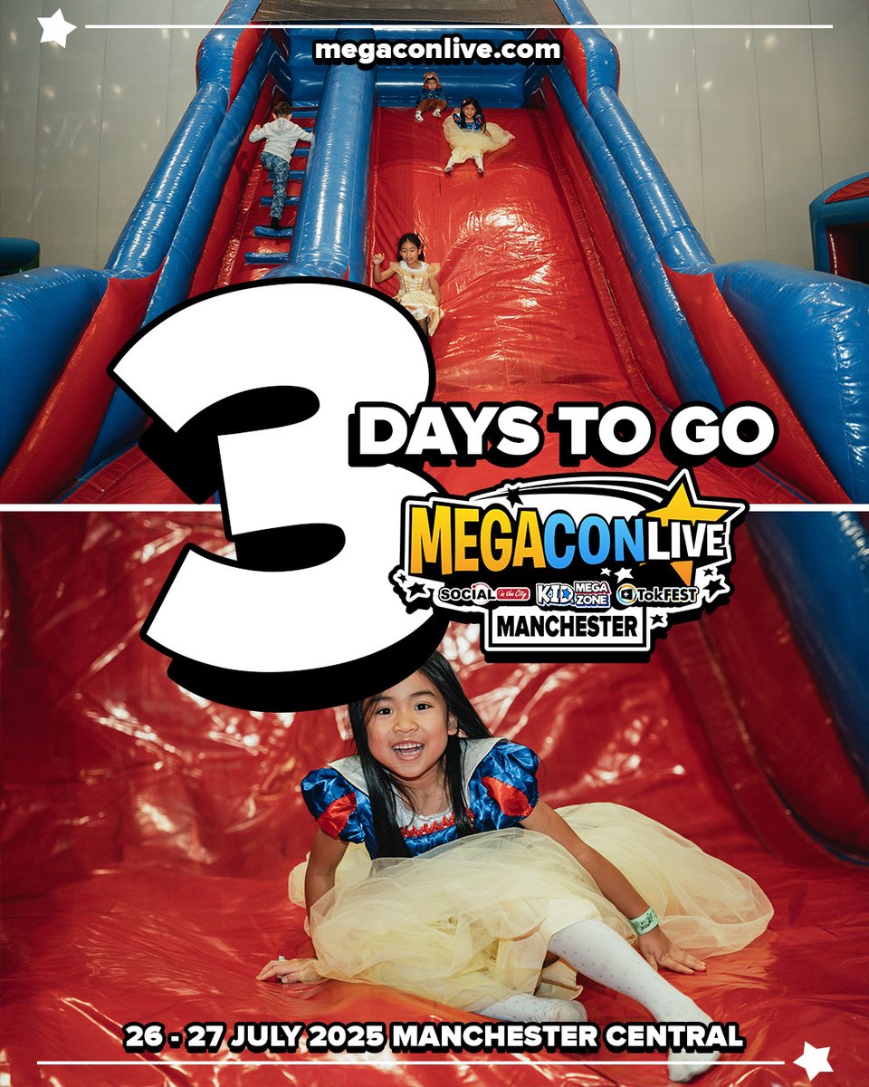 megaconlive's tweet image. 3 days until MegaCon Live Manchester! Don't forget that Kids 10 & under go FREE to all of our events, with bumper cars, slides and MORE in our Kids Mega Zone for those little heroes (or villains, we dont judge) - Do you have your tickets for this weekend? 👀