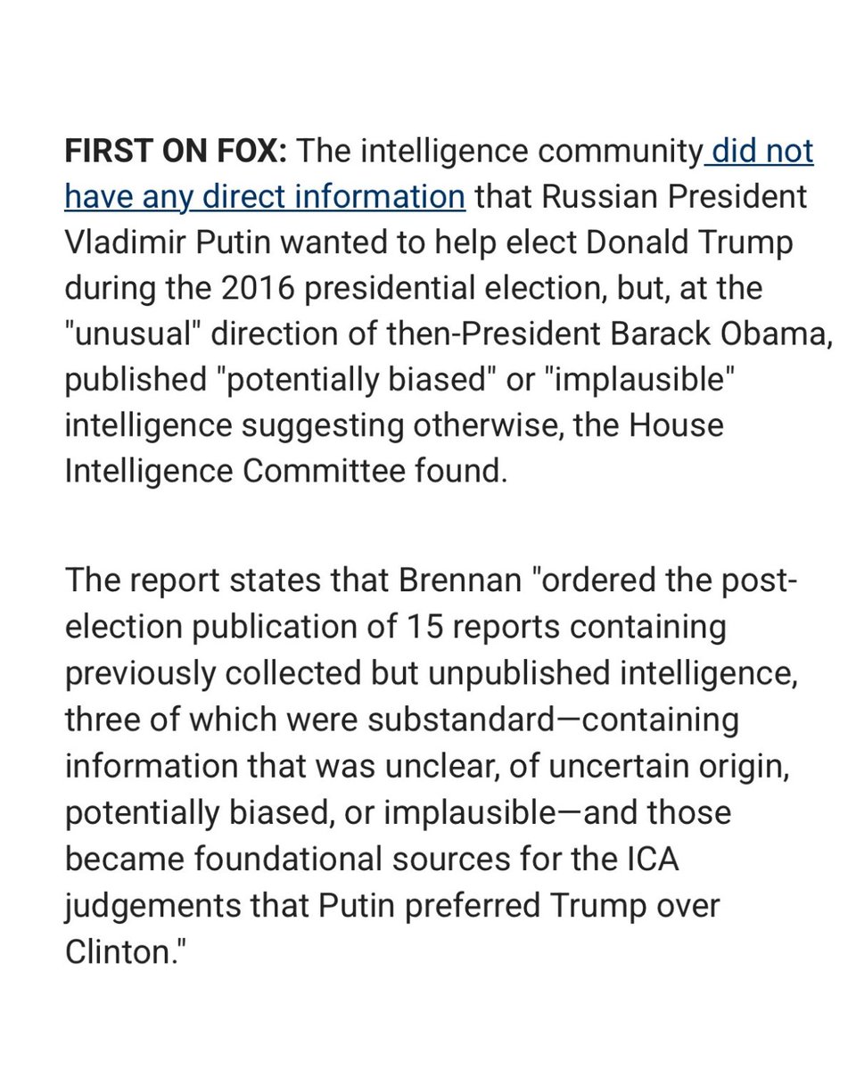 🚨BREAKING: DNI Tulsi Gabbard declassifies reports showing Intel had no proof President Putin backed President Trump in 2016, but under Obama’s “unusual” orders, released false intel suggesting he did.

“Brennan ordered the post-election publication of 15 reports containing