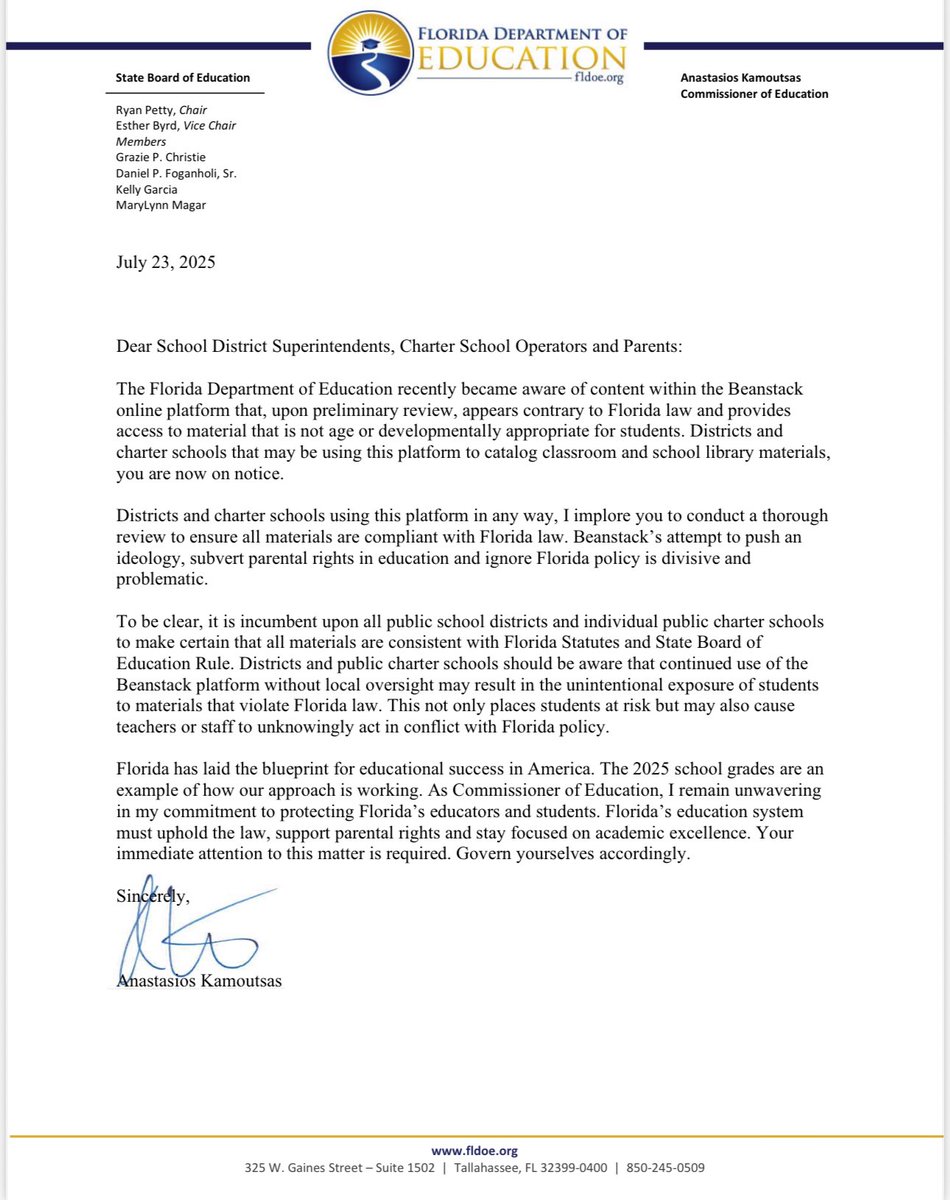 Today I sent a letter to all school districts and charter schools informing them of content available on the Beanstack platform that runs afoul Florida law.

Districts and charters utilizing this platform, consider this your notice to ensure that all associated materials align