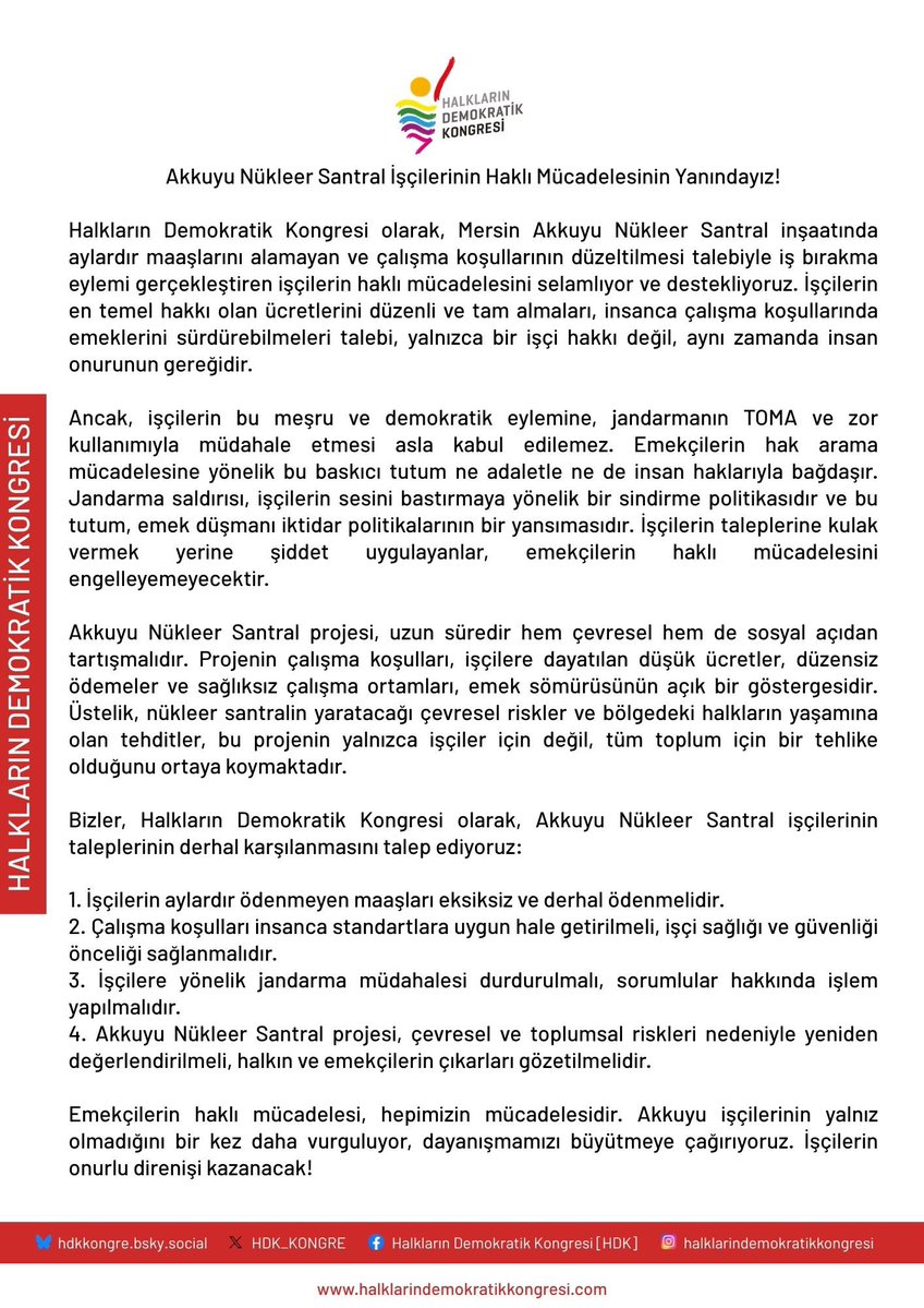 HDK_KONGRE's tweet image. Emekçilerin haklı mücadelesi, hepimizin mücadelesidir. Akkuyu işçilerinin yalnız olmadığını bir kez daha vurguluyor, dayanışmamızı büyütmeye çağırıyoruz. İşçilerin onurlu direnişi kazanacak!