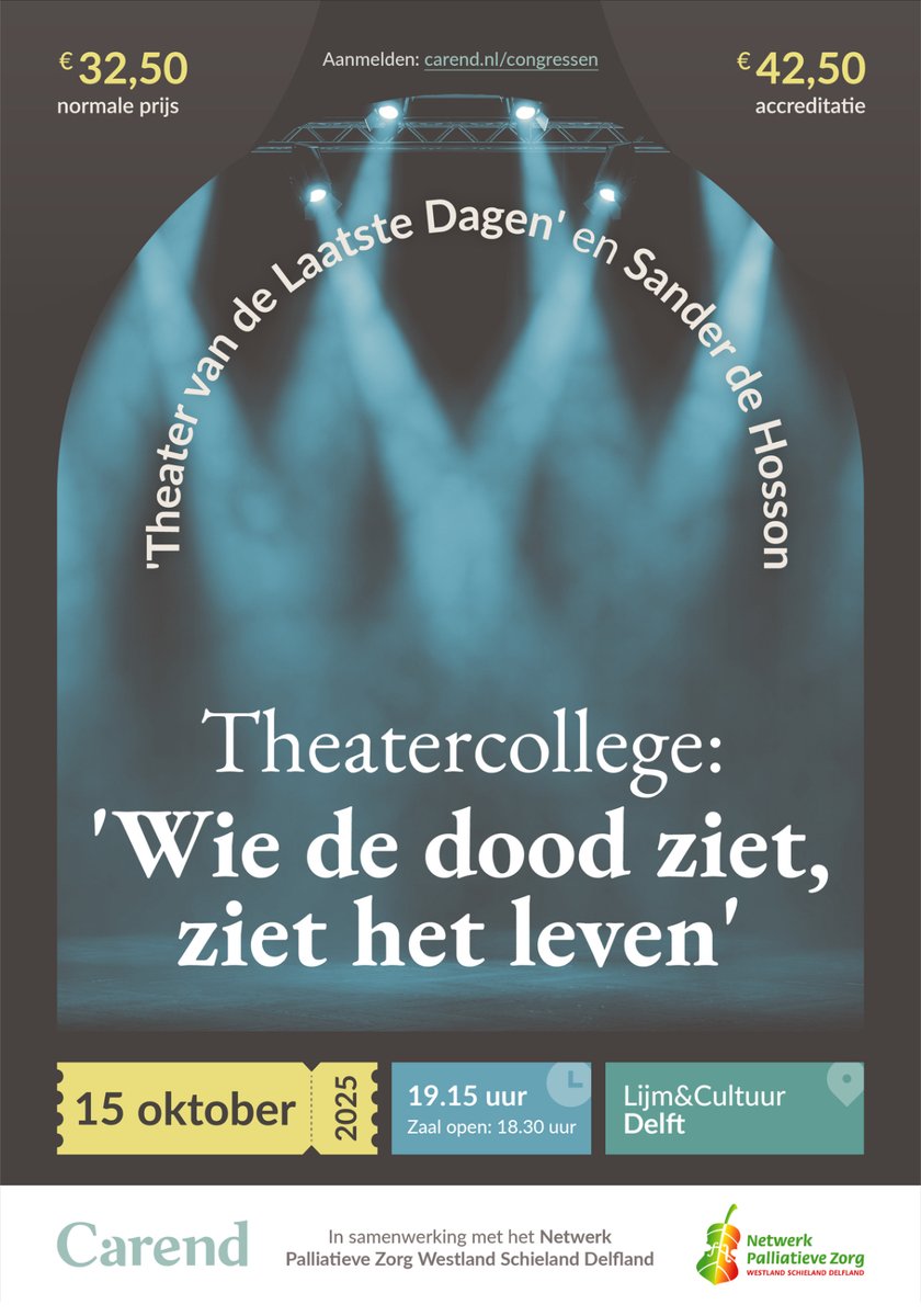 Sander de Hosson (@shossontwits) on Twitter photo 🎭 Theatercollege ‘Wie de dood ziet, ziet het leven’
Met <a href="/shossontwits/">Sander de Hosson</a> & Theater van de Laatste Dagen
🗓️ 6 okt Dronten | 14 okt Assen | 15 okt Delft
16 okt Heerlen | 17 nov Leeuwarden
🕰️ 19.15-22.15
🎟️ Tickets: carend.nl/congressen
#palliatievezorg #carend 🎭 Theatercollege ‘Wie de dood ziet, ziet het leven’
Met <a href="/shossontwits/">Sander de Hosson</a> & Theater van de Laatste Dagen
🗓️ 6 okt Dronten | 14 okt Assen | 15 okt Delft
16 okt Heerlen | 17 nov Leeuwarden
🕰️ 19.15-22.15
🎟️ Tickets: carend.nl/congressen
#palliatievezorg #carend