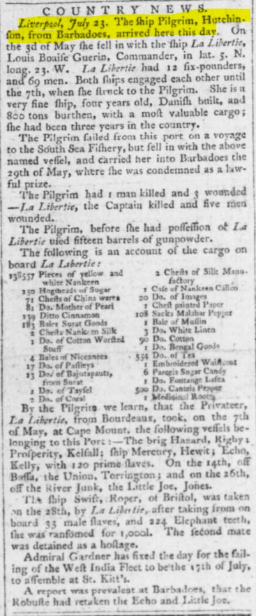 Liverpool1207's tweet image. The famous Liverpool privateer Pilgrim returned to port on 23rd July 1793.
The captured cargo realised £190,000...... over £23million today