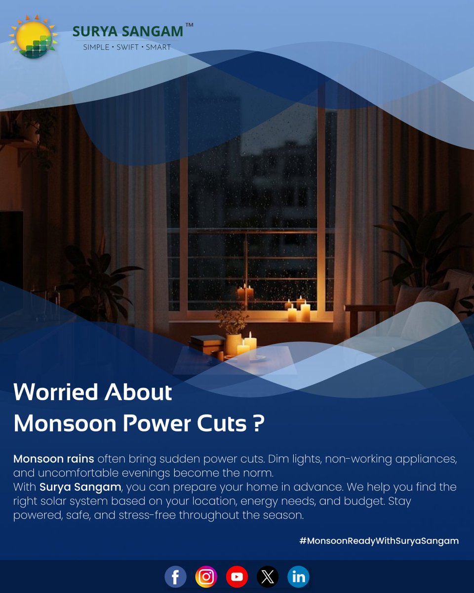 SuryaSangam_'s tweet photo. Power cuts in monsoon? π§οΈ
With Surya Sangam, you stay powered, always.
β
Solar works in cloudy weather
β
Battery backup options
β
Trusted installers & verified products
π https://t.co/PEb4zgY2Pr
#SolarPower #MonsoonBackup #SuryaSangam #GreenEnergy #SolarIndia #PowerCutProof https://t.co/JQ5mtDDUj6