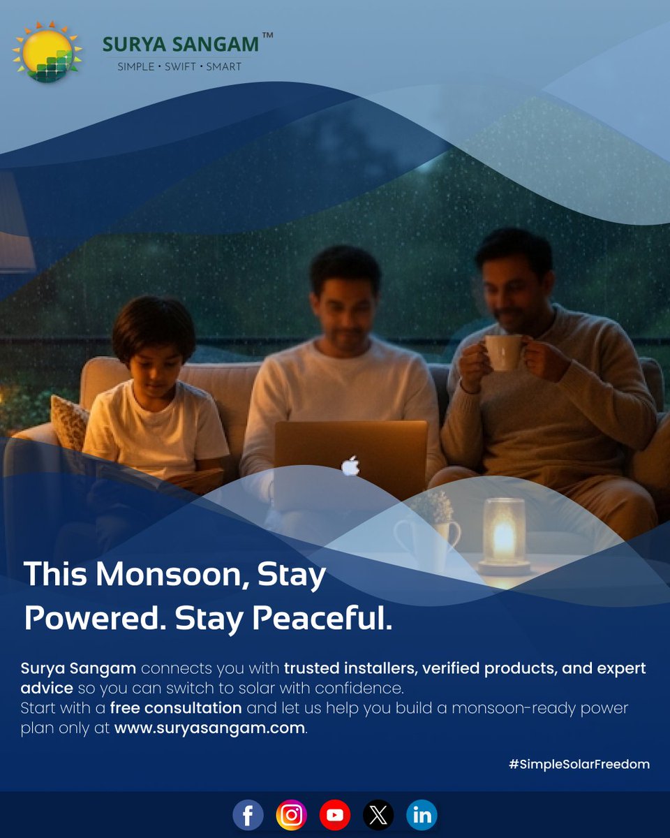 SuryaSangam_'s tweet photo. Power cuts in monsoon? π§οΈ
With Surya Sangam, you stay powered, always.
β
Solar works in cloudy weather
β
Battery backup options
β
Trusted installers & verified products
π https://t.co/PEb4zgY2Pr
#SolarPower #MonsoonBackup #SuryaSangam #GreenEnergy #SolarIndia #PowerCutProof https://t.co/JQ5mtDDUj6