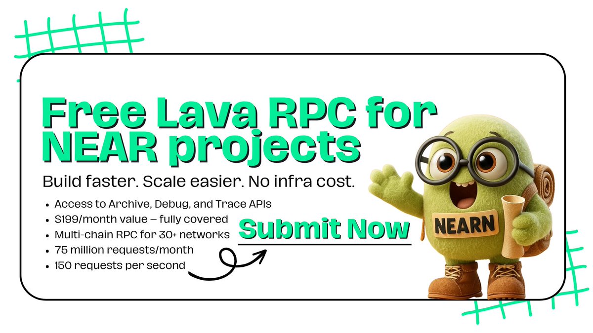 NEARN_IO's tweet image. 📣 Free Lava RPC for NEAR projects — apply now!
The NEAR Foundation is covering @lavanetxyz’s Starter RPC Plan, giving @NEARProtocol builders access to reliable, high-performance infrastructure — completely free 💯
📌 What’s included:
✅ $199/month value – fully covered
✅ 75…