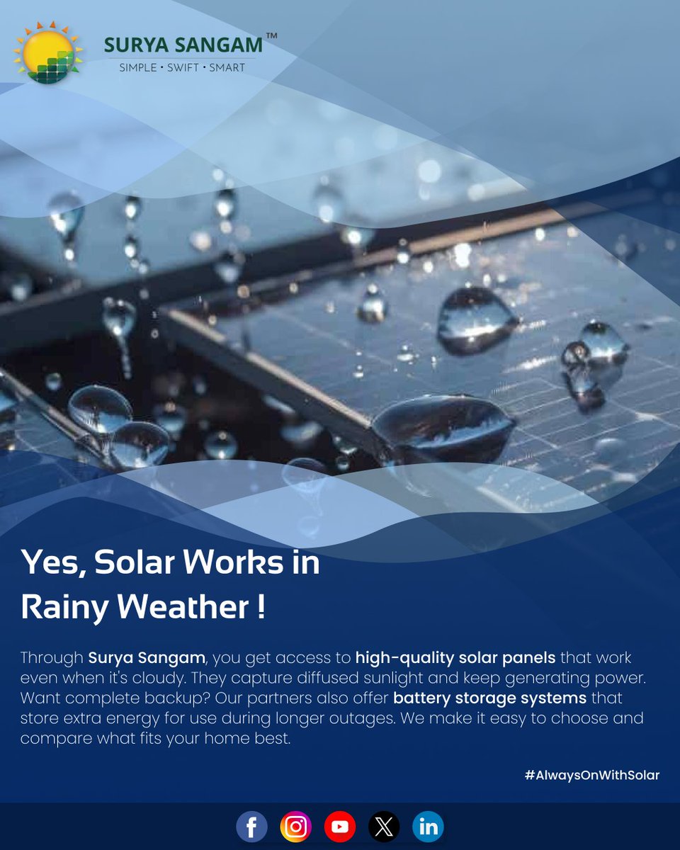 SuryaSangam_'s tweet photo. Power cuts in monsoon? π§οΈ
With Surya Sangam, you stay powered, always.
β
Solar works in cloudy weather
β
Battery backup options
β
Trusted installers & verified products
π https://t.co/PEb4zgY2Pr
#SolarPower #MonsoonBackup #SuryaSangam #GreenEnergy #SolarIndia #PowerCutProof https://t.co/JQ5mtDDUj6