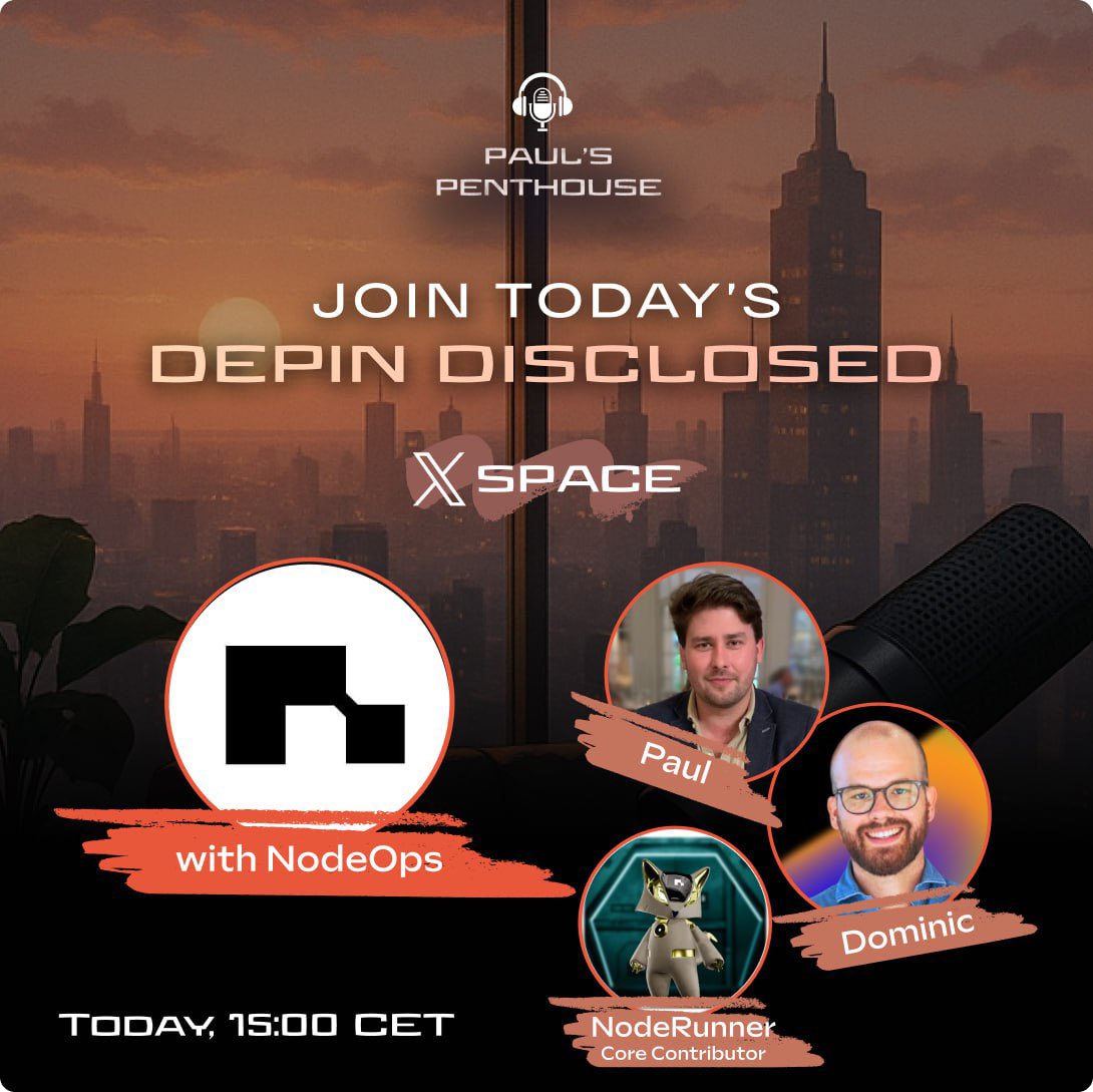 Today at 15:00 CET we’re back with another episode of DePIN Disclosed, live from Paul’s Penthouse! 📢

This time my co-host <a href="/itsVLVT/">Dominic 👀⚡️</a> and I are joined by <a href="/NodeOpsHQ/">NodeOps</a>, the leading AI-powered DePIN Orchestration Layer that enables ecosystem participants to earn. We’ll also have