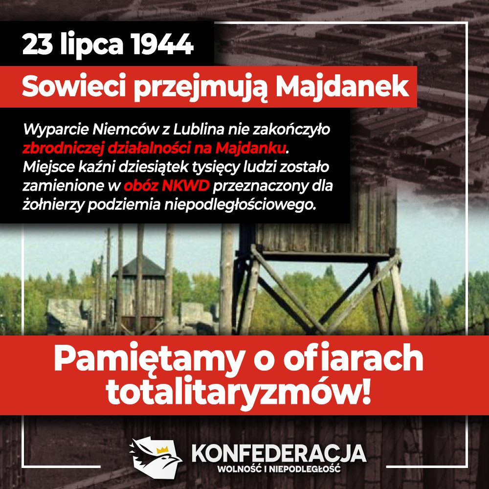 P_Zdunczyk's tweet image. Armia Czerwona "wyzwala" Majdanek – 23 lipca 1944
23 lipca 1944 r. Armia Czerwona wkroczyła do obozu koncentracyjnego KL Lublin (Majdanek). W sowieckiej propagandzie był to dzień „wyzwolenia”, który do dziś jest upamiętniany jako koniec hitlerowskiego ludobójstwa. Niestety, w…