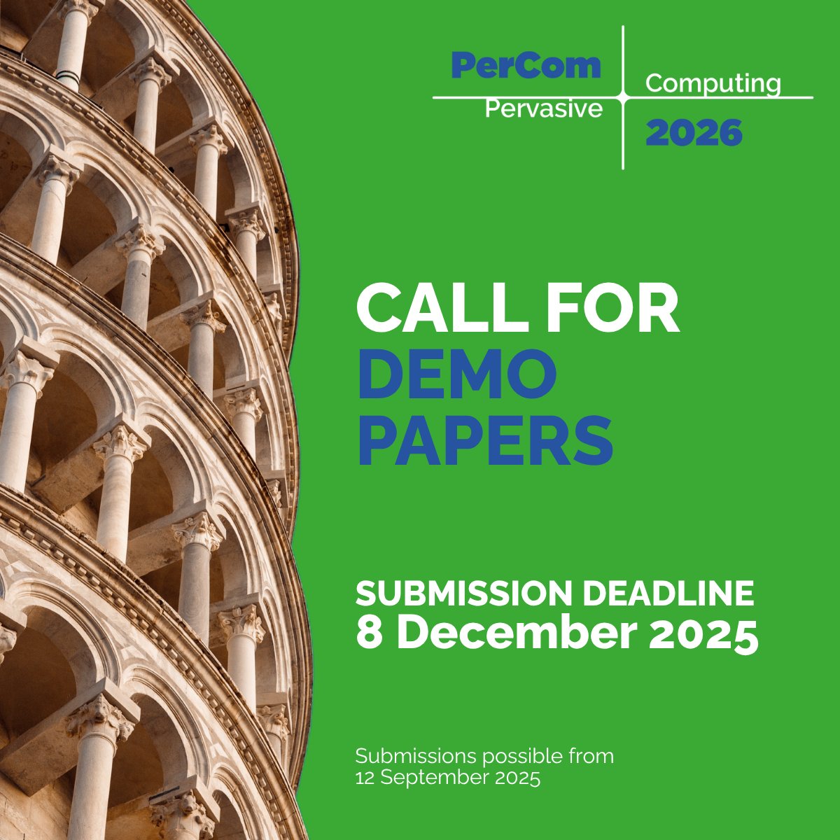 IEEEPerCom (@ieeepercom) on Twitter photo ๐จ Call for #Demo Papers ๐จ
โจ Got a working prototype in pervasive computing? Show it #LIVE in Pisa at #PerCom2026! ๐ฎ๐น
๐๏ธ Deadline: Dec 8, 2025 (AoE)
๐ Submissions open Sept 12
๐ Full call & details: percom.org/call-for-demo-โฆ
Let your work inspire! ๐
#TechDemo <a href="/IEEEorg/">IEEE</a> ๐จ Call for #Demo Papers ๐จ
โจ Got a working prototype in pervasive computing? Show it #LIVE in Pisa at #PerCom2026! ๐ฎ๐น
๐๏ธ Deadline: Dec 8, 2025 (AoE)
๐ Submissions open Sept 12
๐ Full call & details: percom.org/call-for-demo-โฆ
Let your work inspire! ๐
#TechDemo <a href="/IEEEorg/">IEEE</a>