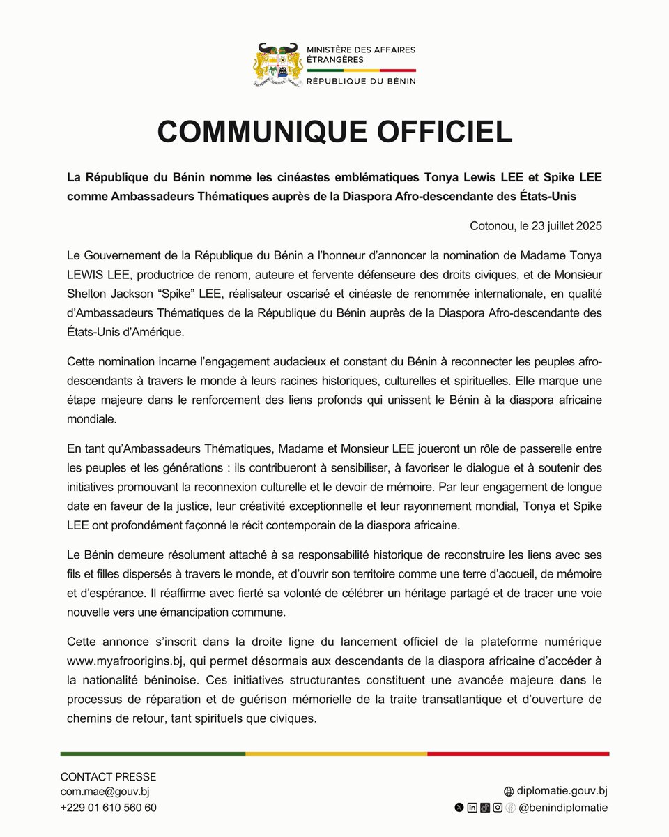 BeninDiplomatie's tweet image. 🇧🇯#BeninDiplomatie | Communiqué Officiel
#spikelee #tonyalewislee