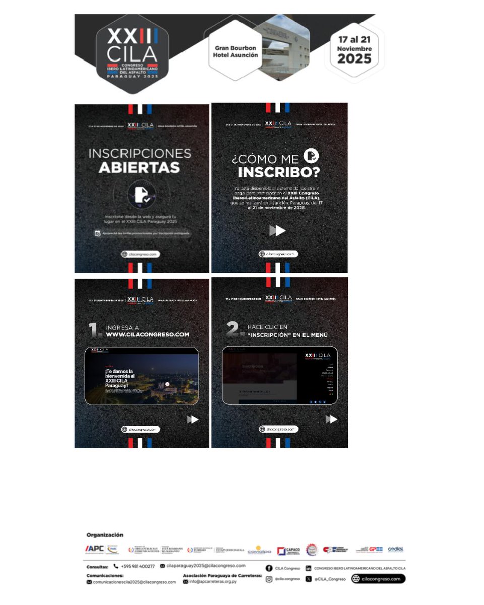 📢 Con ruego de difusión

¡Ya están abiertas las inscripciones para el XXIII Congreso Ibero‑Latinoamericano del Asfalto!
📍 17 al 21 de noviembre | Asunción, Paraguay 🇵🇾
Leé más sobre el lanzamiento oficial drive.google.com/file/d/1VJFFdq…

#XXIIICILA #CILA2025 #IngenieríaVial