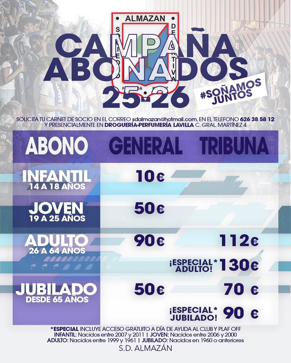 😍 CAMPAÑA ABONADOS 😍

Ya tenemos nuestros precios de socios.

Para pedir tu carnet: 

-Presencialmente en Droguería La Villa
-Mediante un correo: sdalmazan@hotmail.com
-WhatsApp: 626385812

Únete a nuestro ilusionante proyecto 🫶🏼

#Soñamosjuntos

🤍💙 Vamos SD🤍💙