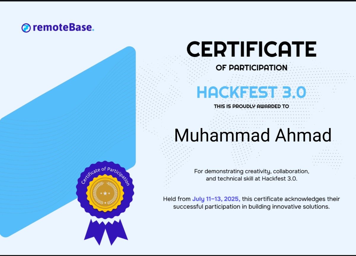 ahmad_raza_159's tweet photo. Im happy to share that, I got new certificate: Hackfest 3.0 from @RemotebaseHQ 

#cErTiFieD 
#hackfes 
#learning 
#artificialintellegence https://t.co/Jysw39Jjjv