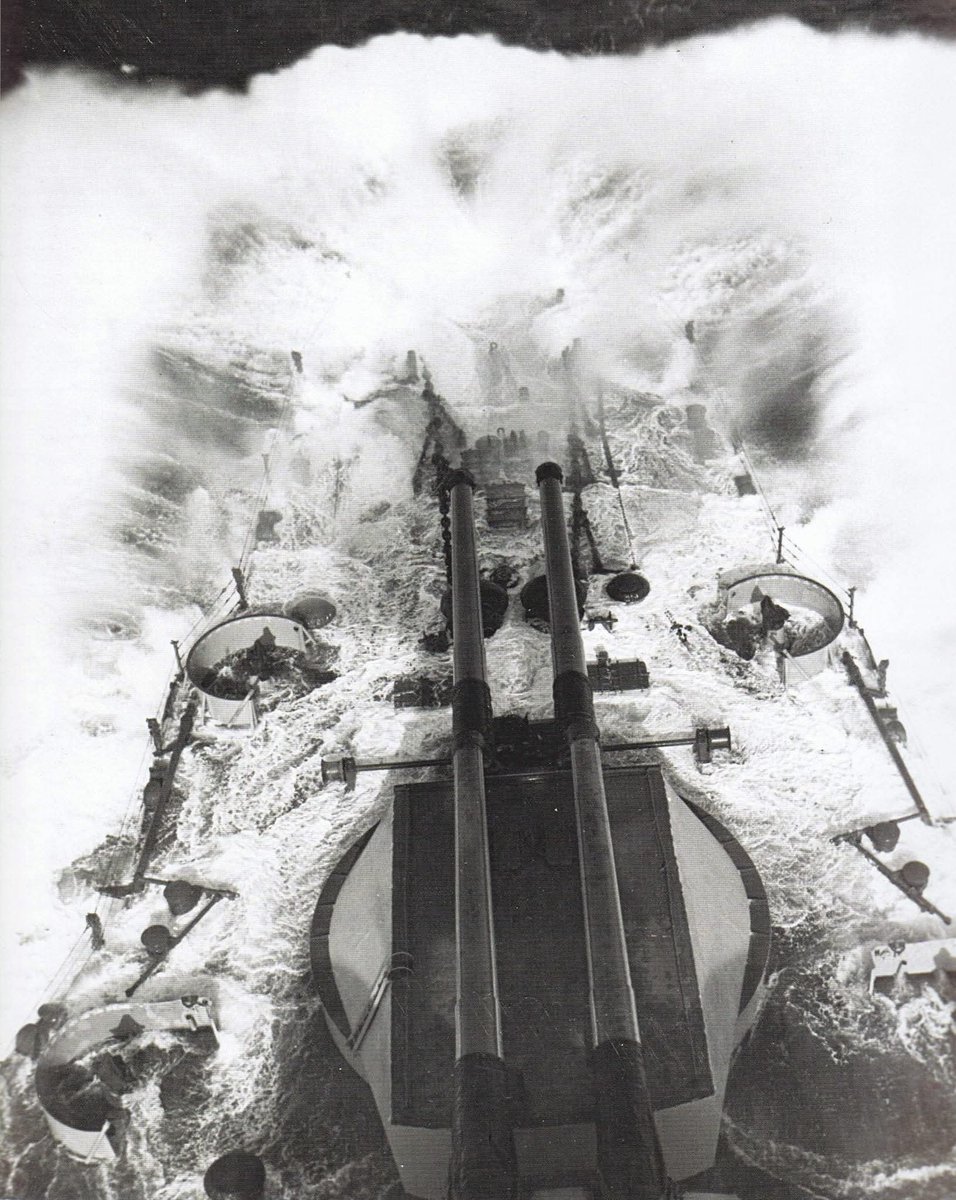 thegeneralboard's tweet image. The bow of the battleship USS New York (BB-34) plunging into swells as she pushes through heavy seas in the Atlantic in March of 1943. New York was escorting a Convoy from Casablanca at the time of the photograph.