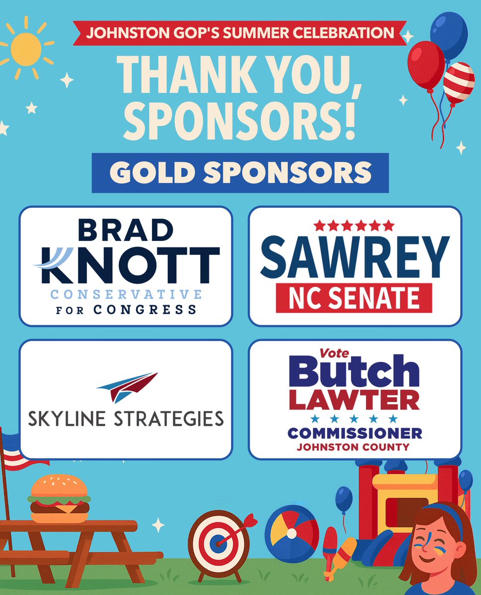 Big thanks to our Gold Sponsors for the Johnston County GOP Summer Celebration: Congressman Brad Knott, #NCGA Senator Benton Sawrey, Commissioner Butch Lawter, &amp; Skyline Strategies. Their support helps us bring Republicans together for faith, family, fellowship — and fun! #ncpol