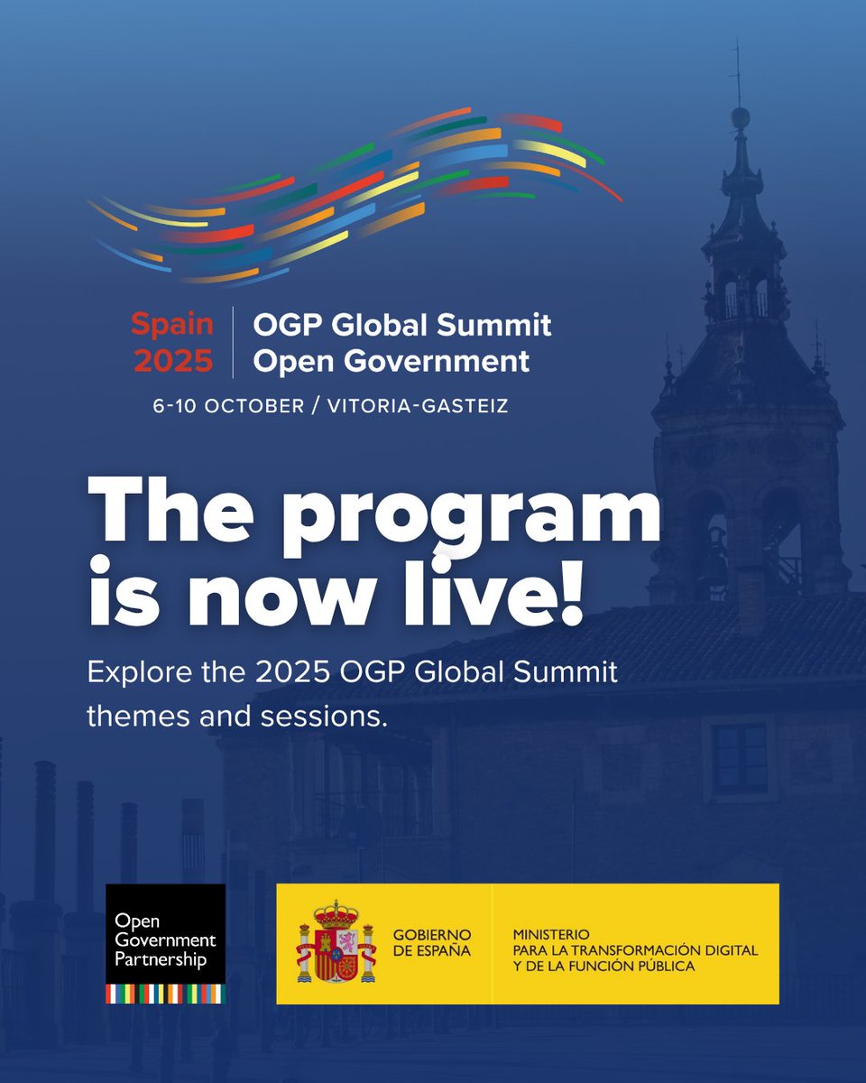 Open Gov Partnership (@opengovpart) on Twitter photo 📃The #OGPSummit program is LIVE!
Check out the sessions, themes, and activities that will shape this October’s Summit in Spain — and start planning your experience.
📍 Vitoria-Gasteiz, Spain
 📅 October 6-10, 2025
Explore the full program: bit.ly/2025OGPSummitP… 📃The #OGPSummit program is LIVE!
Check out the sessions, themes, and activities that will shape this October’s Summit in Spain — and start planning your experience.
📍 Vitoria-Gasteiz, Spain
 📅 October 6-10, 2025
Explore the full program: bit.ly/2025OGPSummitP…