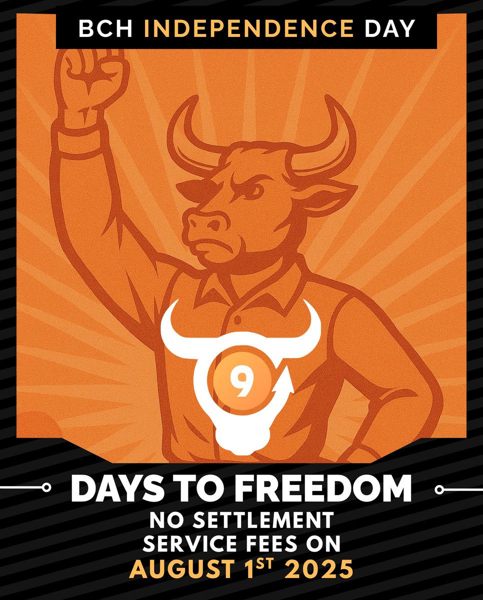 9 days until BCH Independence Day! On August 1, 2017, Bitcoin Cash split from BTC to stay true to peer-to-peer electronic cash: fast, low-fee, and usable by everyone! To celebrate, BCH Bull will have zero settlement fees on August 1. Make your move now with on-chain,
