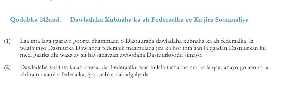 suad_a62129's tweet image. 1) Dastuurka qeybta la doonayo lagama so qaadanayo oo qeybta la doonayo lagama tagaye. Qodobka 142, awood siinayo in ee PL ku dhaqanto dastuurkeeda. Welibana mar hadu jidhin sharci kaamil oo National Maritime Law oo ka heysano oo weli yahay midki 1989 (dowlad Unitary System loogu…