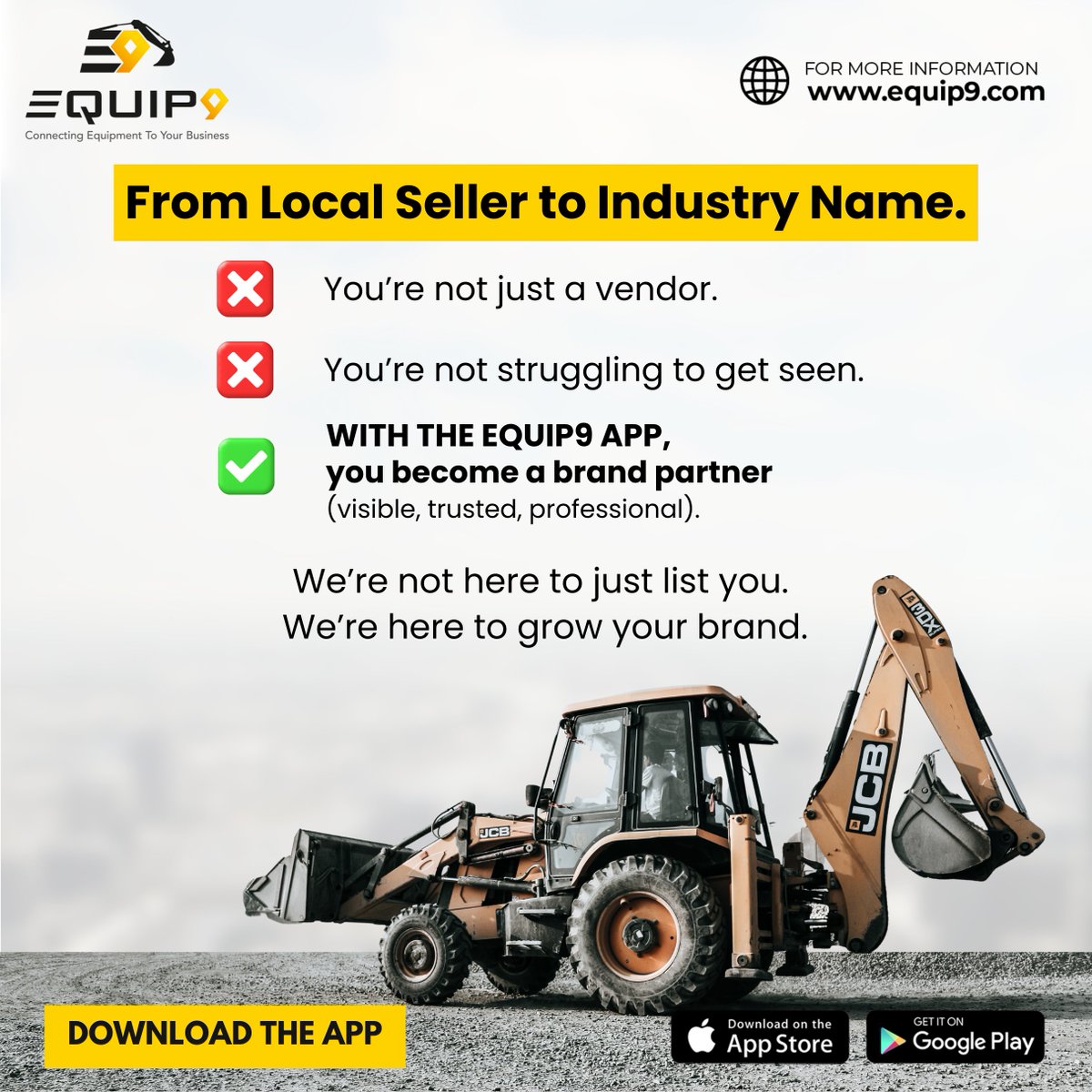 Equip9_'s tweet image. From vendor to visible brand — grow with Equip9.
✔ Trusted ✔ Professional ✔ Pan-India reach
📲 Download now!
#GrowWithEquip9 #InfraSolutions #VerifiedVendors #IndiaInfraPartner #SmartConstruction #HeavyEquipmentIndia #DigitalInfra #Equip9App #ConstructionTech #InfraNetwork