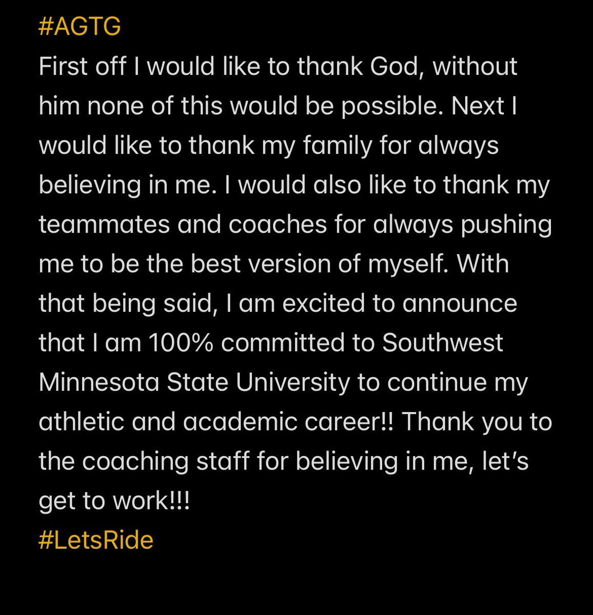 🟤⚪️ I am proud to announce that I am 100% Committed to Southwest Minnesota State University 🟤⚪️
#LetsRide 
<a href="/CoachBull16/">Levi Bullerman</a> <a href="/CoachSUnderwood/">Scott Underwood</a> <a href="/CoachB_U/">Brady Underwood</a> <a href="/Coach_Devlin/">Paddy Devlin</a> <a href="/Coach_Charles89/">Charles Alexander II</a>  <a href="/CoachDP78/">Doug Patterson</a>