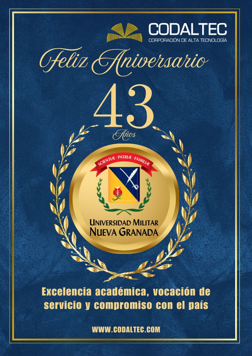 Codaltec's tweet image. 🎓 ¡Feliz aniversario No. 43 a la @UMNGoficial!

Desde CODALTEC destacamos su compromiso con la excelencia académica, la formación de líderes y el servicio al país.
🇨🇴 ¡Que sigan los logros y el crecimiento!

#UMNG43Años #CODALTEC #EducaciónConValores